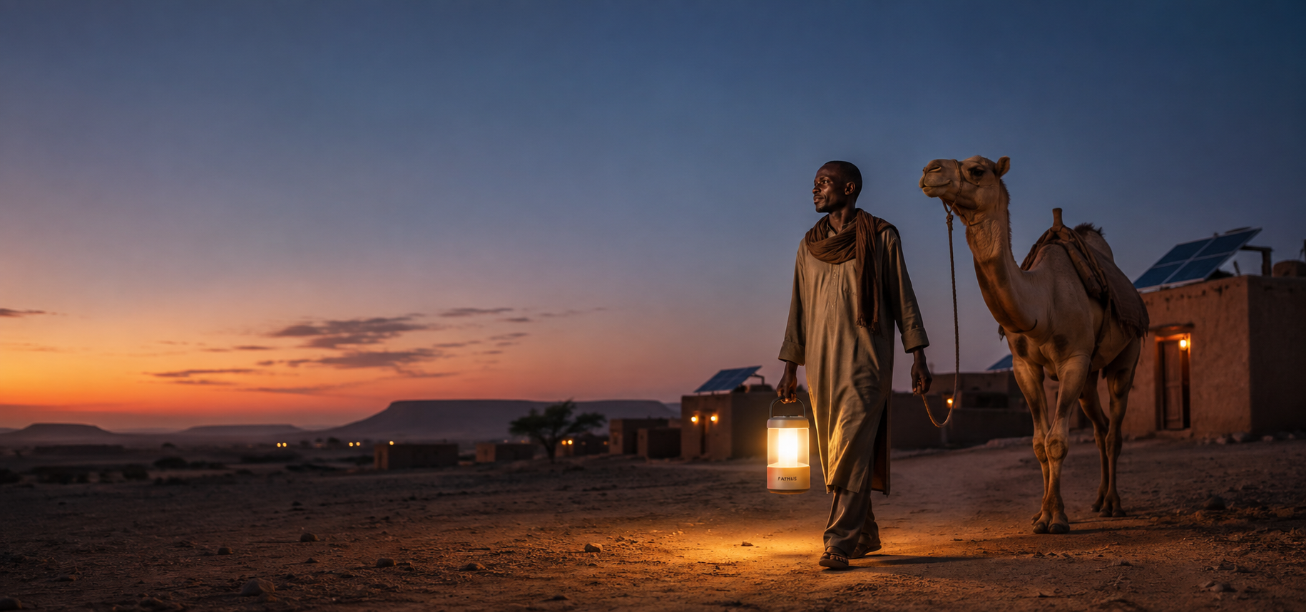 A man walking with a camel at dusk, carrying a solar lantern beside solar-powered homes